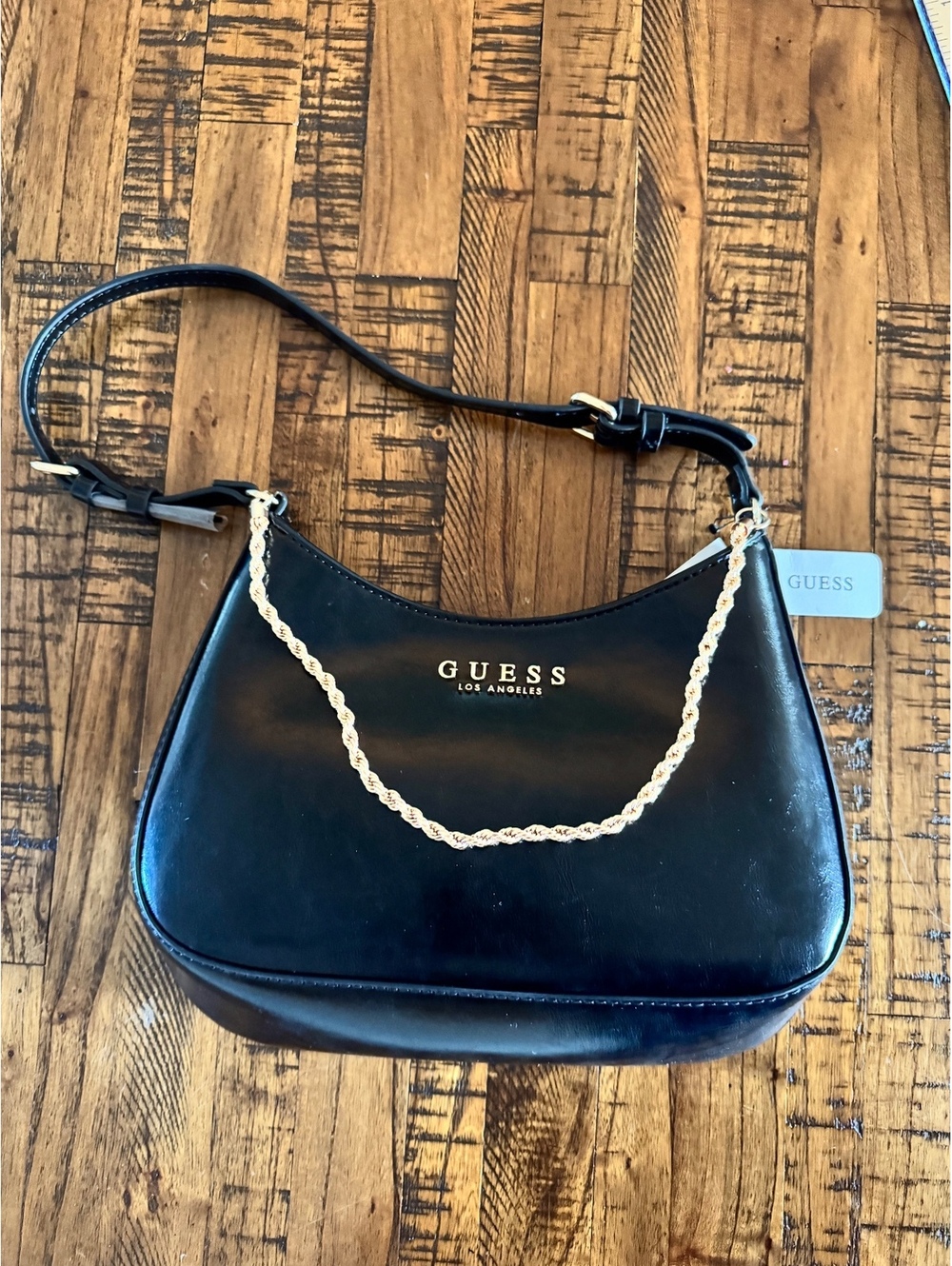 Guess Black Leather Shoulder Bag with Gold Chain Accent